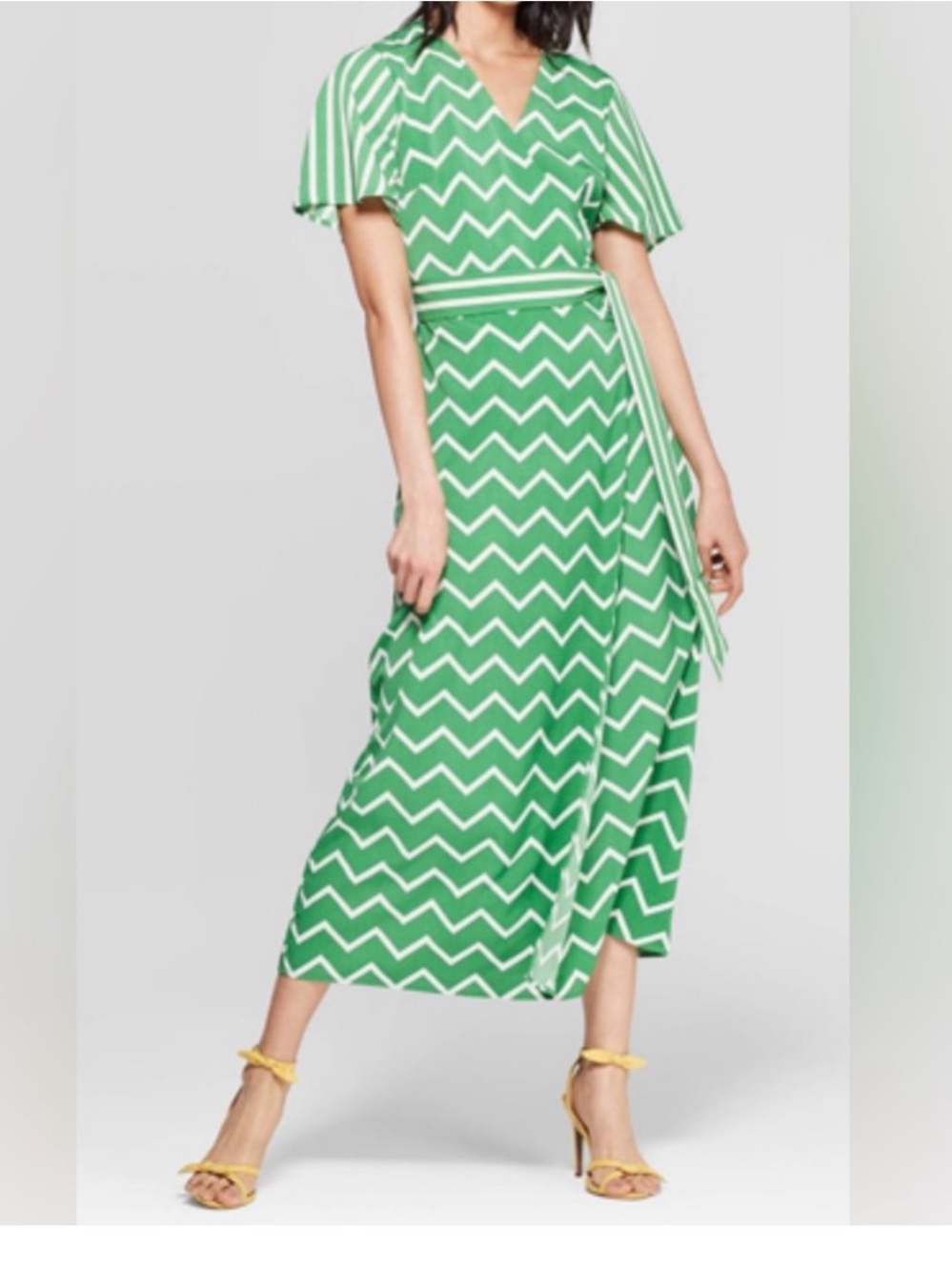 Who What Wear Green Chevron Wrap Maxi Dress with Tie Waist